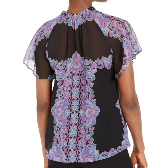 NWT NANETTE LEPORE Flutter Short Sleeve Tie Neck Lined Printed Blouse Size 6 - Picture 2 of 4